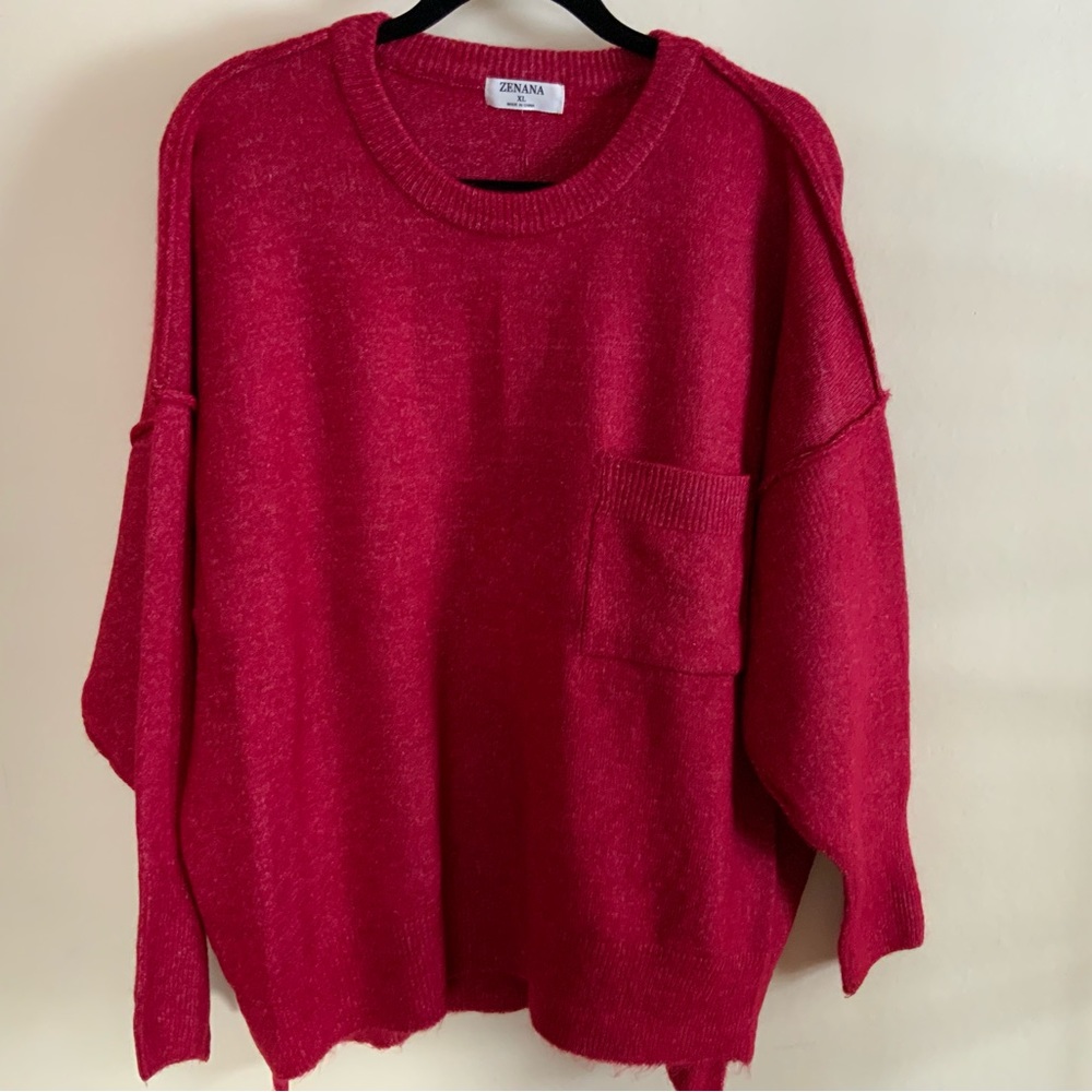 Red oversized sweater with pocket, hi-lo hem XL exposed seams NWOT